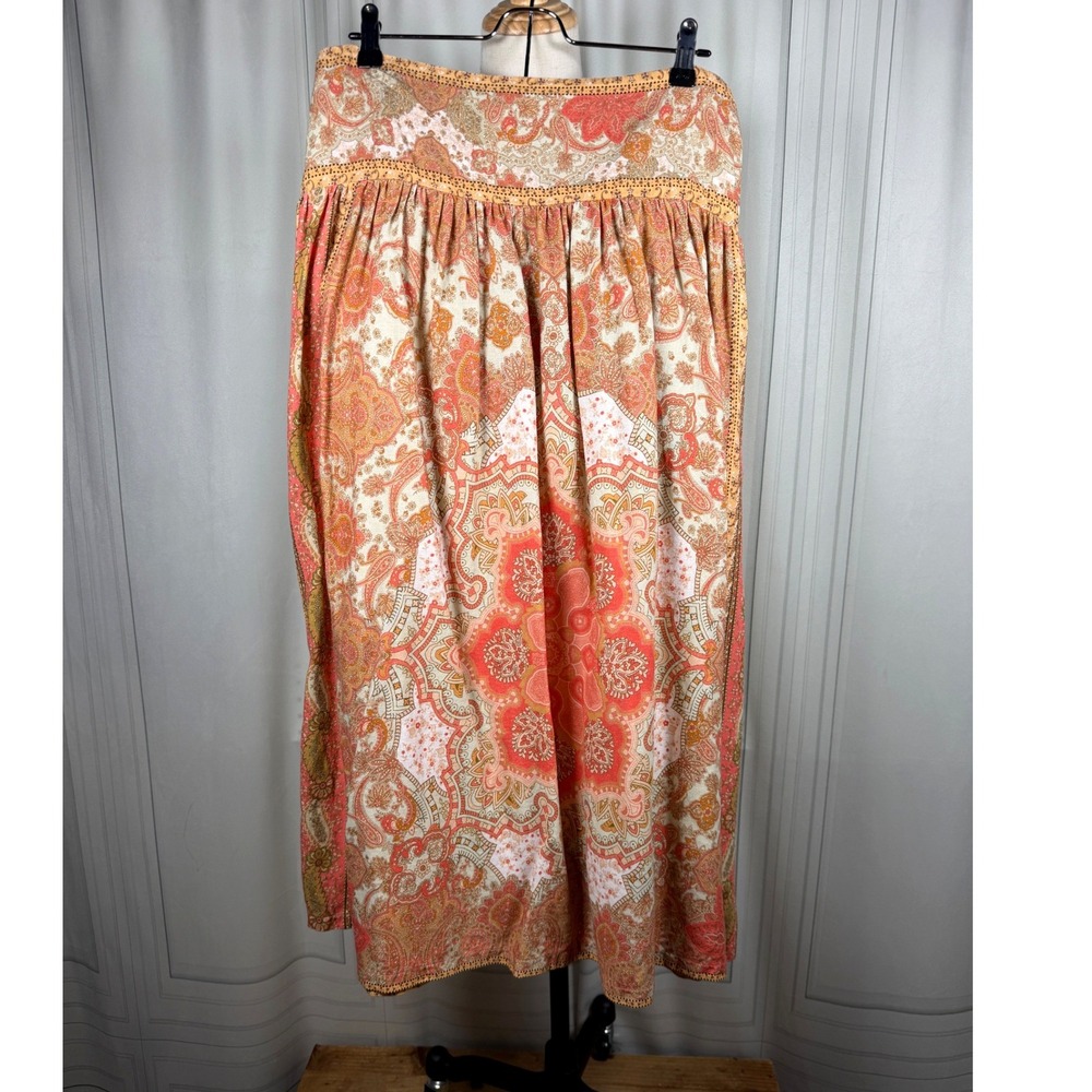 House of Harlow 1960 Orange Paisley Smocked Back Maxi Skirt Linen Blend M 33" - Picture 6 of 12